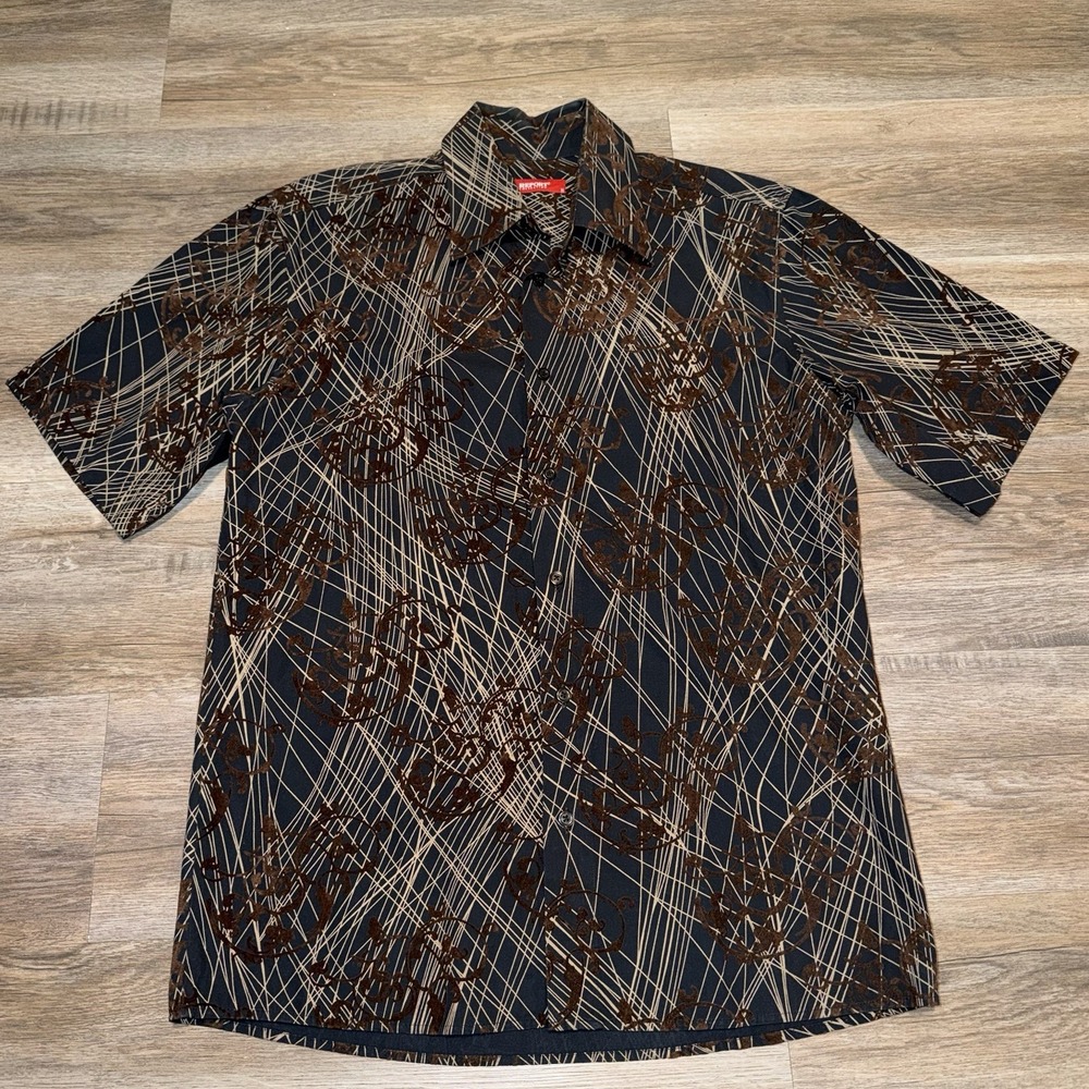 Report Collection Button Down Short Sleeves Shirt Mens Medium Black/Gold Design